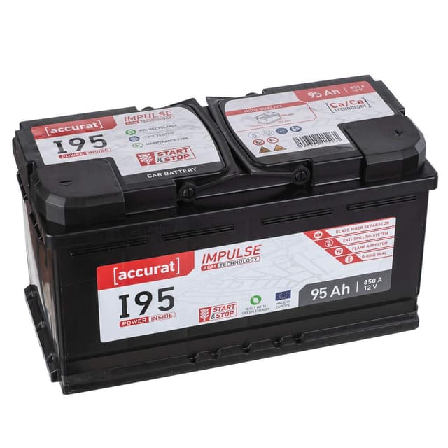 Accurat Impuls I95 AGM Autobatterie - 12V, 95Ah, 850A, zyklenfest, wartungsfrei, 30% mehr Startleistung, Ca-Technologie - Starterbatterie, Blei-Säure Batterie, Akku für Start-Stop & Hybrid Fahrzeuge 95Ah 850A