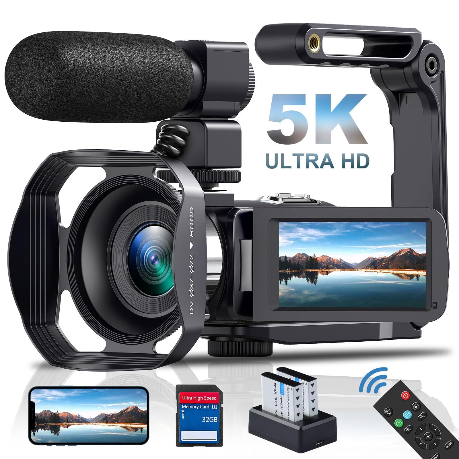Delmodes Videokamera 5K 64MP Camcorder WiFi 18X Digitalzoom Vlogging Kamera für YouTube, 3.0" IPS Touchscreen IR Nachtsicht Videokamera mit Handstabilisator, 32GB SD-Karte, Fernbedienung, Batterien DV099