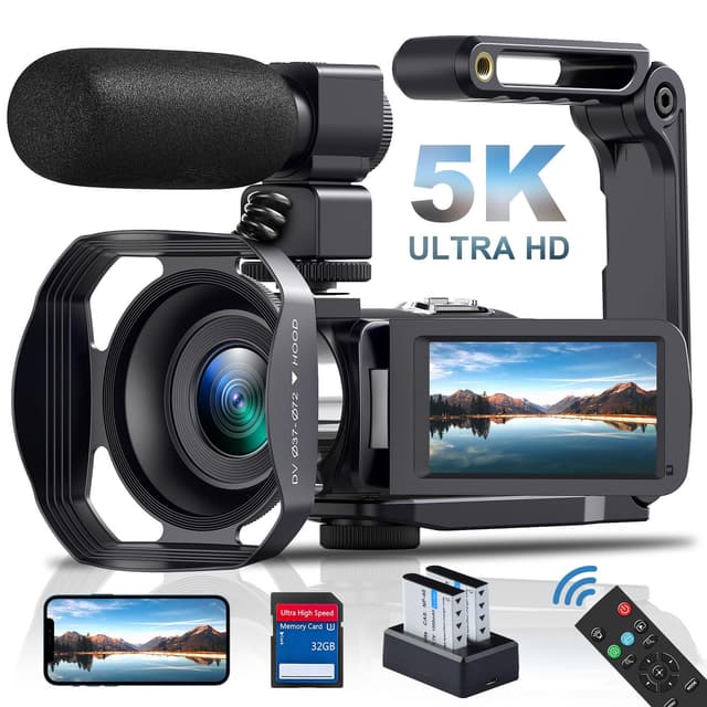Delmodes Videokamera 5K 64MP Camcorder WiFi 18X Digitalzoom Vlogging Kamera für YouTube, 3.0" IPS Touchscreen IR Nachtsicht Videokamera mit Handstabilisator, 32GB SD-Karte, Fernbedienung, Batterien DV099