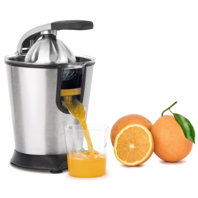 H.Koenig AGR80 - Professionelle elektrische Zitruspresse 160W, Hebel und Filter aus Edelstahl, Anti-Tropf-System, BPA-frei, spülmaschinenfeste Teile Silber