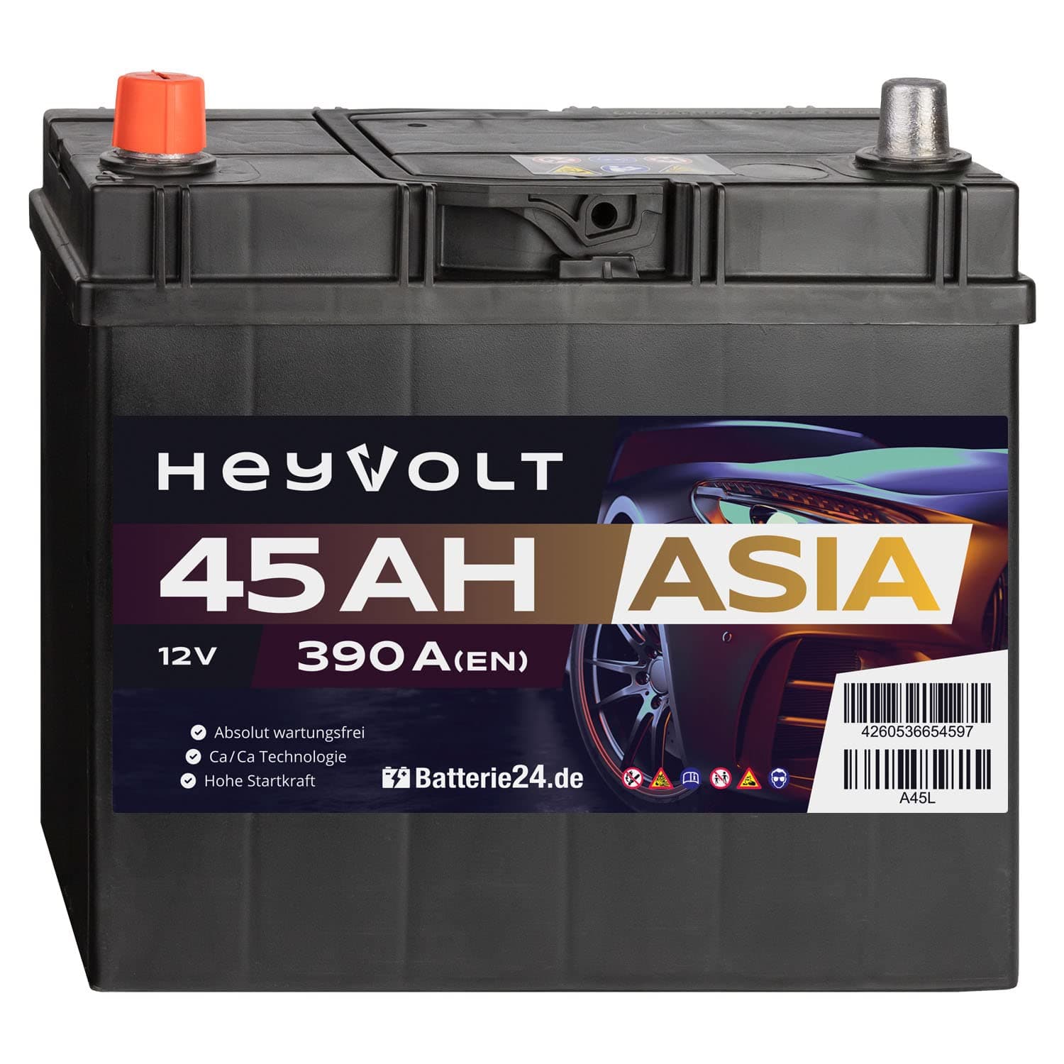 HeyVolt Asia Autobatterie 12V 45Ah 390A/EN Starterbatterie, absolut wartungsfrei, Pluspol Links 45Ah Pluspol Links