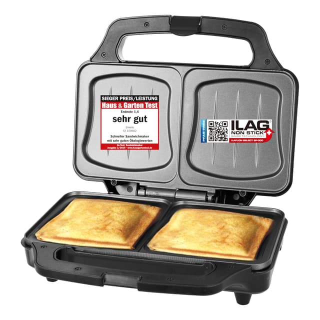 Emerio XXL Sandwichtoaster für alle Toastgrößen geeignet, BPA frei, große Muschelform, leicht zu reinigen, Käse läuft nicht aus, PREIS-/LEISTUNGSSIEGER Haus & Garten Test 03/2019, 900 Watt 2 Toast / Muschelform