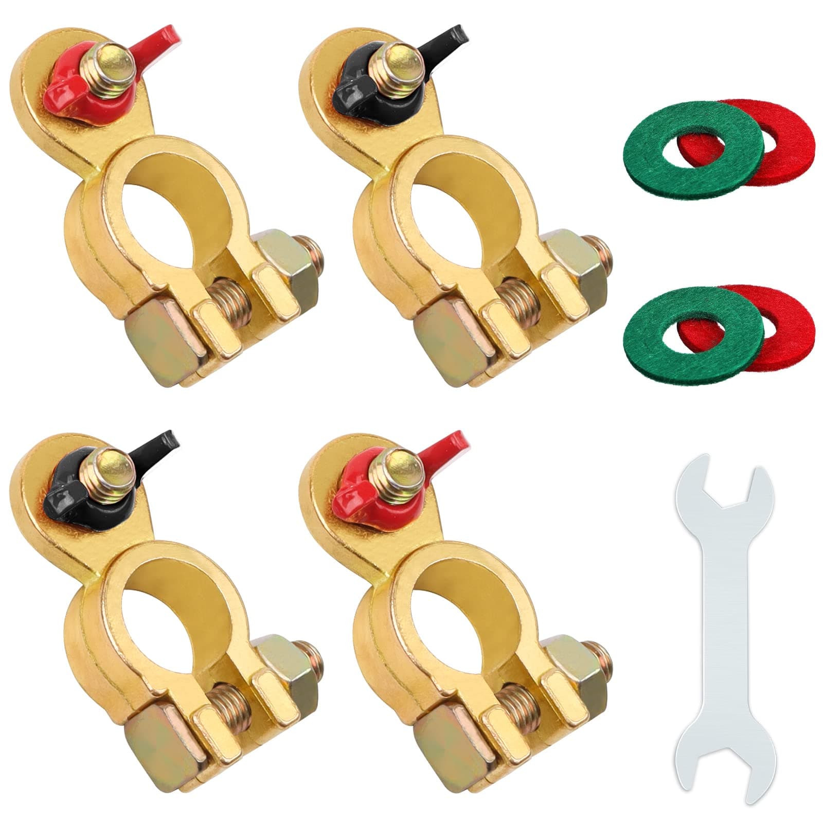 Batterieklemmen 12V Schnellverschluss M8, JatilEr Batterie Polklemmen Sicher Geklemmt Batterieanschlussklemme Messing, mit Korrosionsschutzpad und Schraubenschlüssel für Motorrad, PKW, Schiffe(2 Paar)