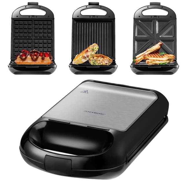 Steinborg 3in1 Sandwichmaker XXL | 3 auswechselbare Platten | 1200 Watt | Kontaktgril | 4er Sandwich Maker | Multigrill | Waffel Eisenl | Elektrogrill | Waffeleisen, Siler/Schwarz