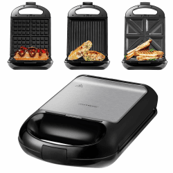 Steinborg 3in1 Sandwichmaker XXL | 3 auswechselbare Platten | 1200 Watt | Kontaktgril | 4er Sandwich Maker | Multigrill | Waffel Eisenl | Elektrogrill | Waffeleisen, Siler/Schwarz Angebot bei HelloDeals
