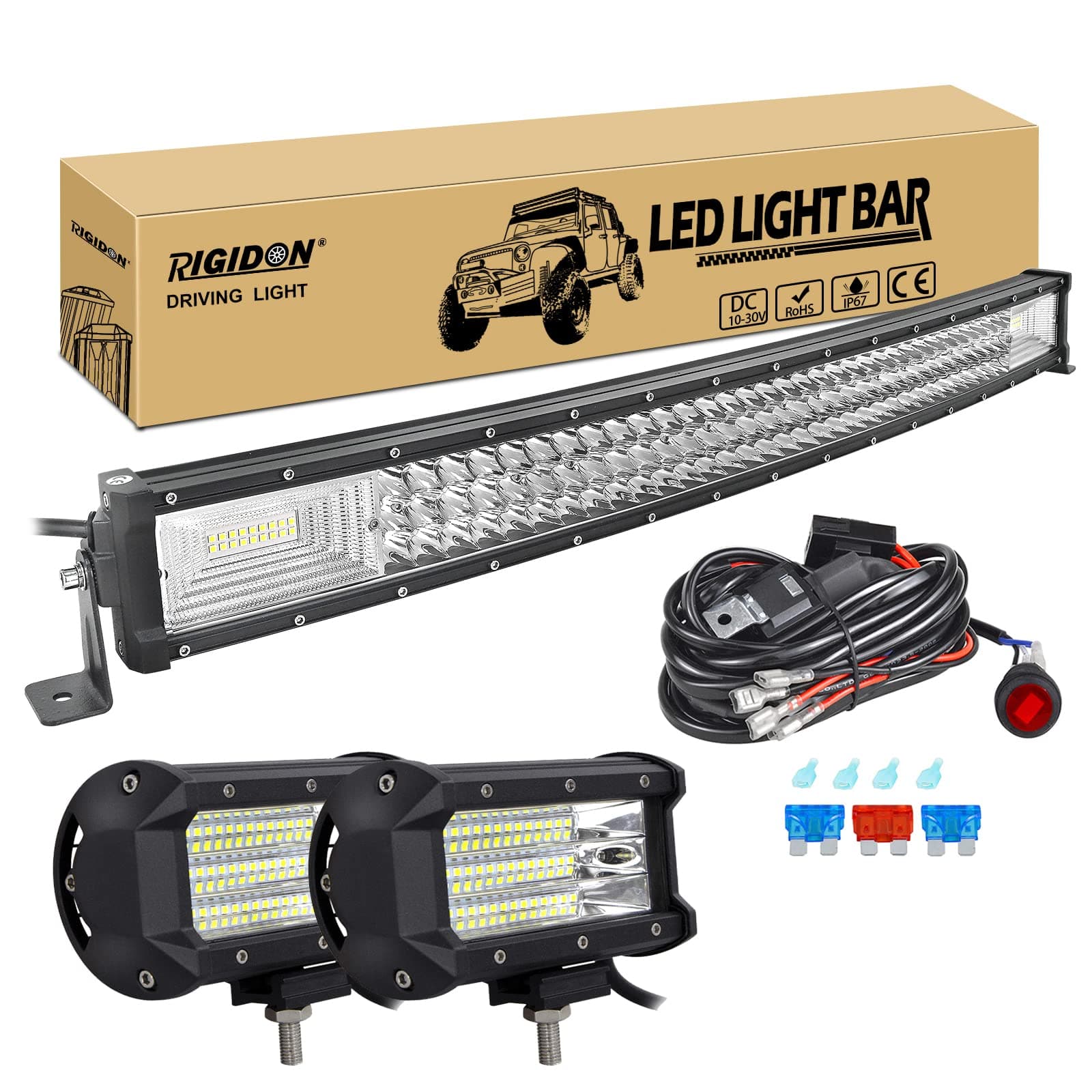 RIGIDON 32 Zoll 80 cm 405W gebogene led lichtleiste mit 12v kabelbaum kit, 2x 5 zoll 135W Flood led arbeitsscheinwerfer, Wasserdicht warmweiß offroad beleuchtung für Auto Offroad LKW KFZ Traktor 4x4 32 Zoll 405W + 2x135W + kabelbaum kit