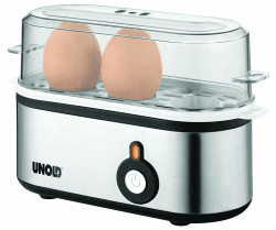UNOLD 38610 Eierkocher Mini, Edelstahgehäuse, Eiereinsatz mit Griff für 1 bis 3 Eier, Signalton, Betriebskontrollleuchte und 210 W, inkl. Messbecher Angebot bei HelloDeals