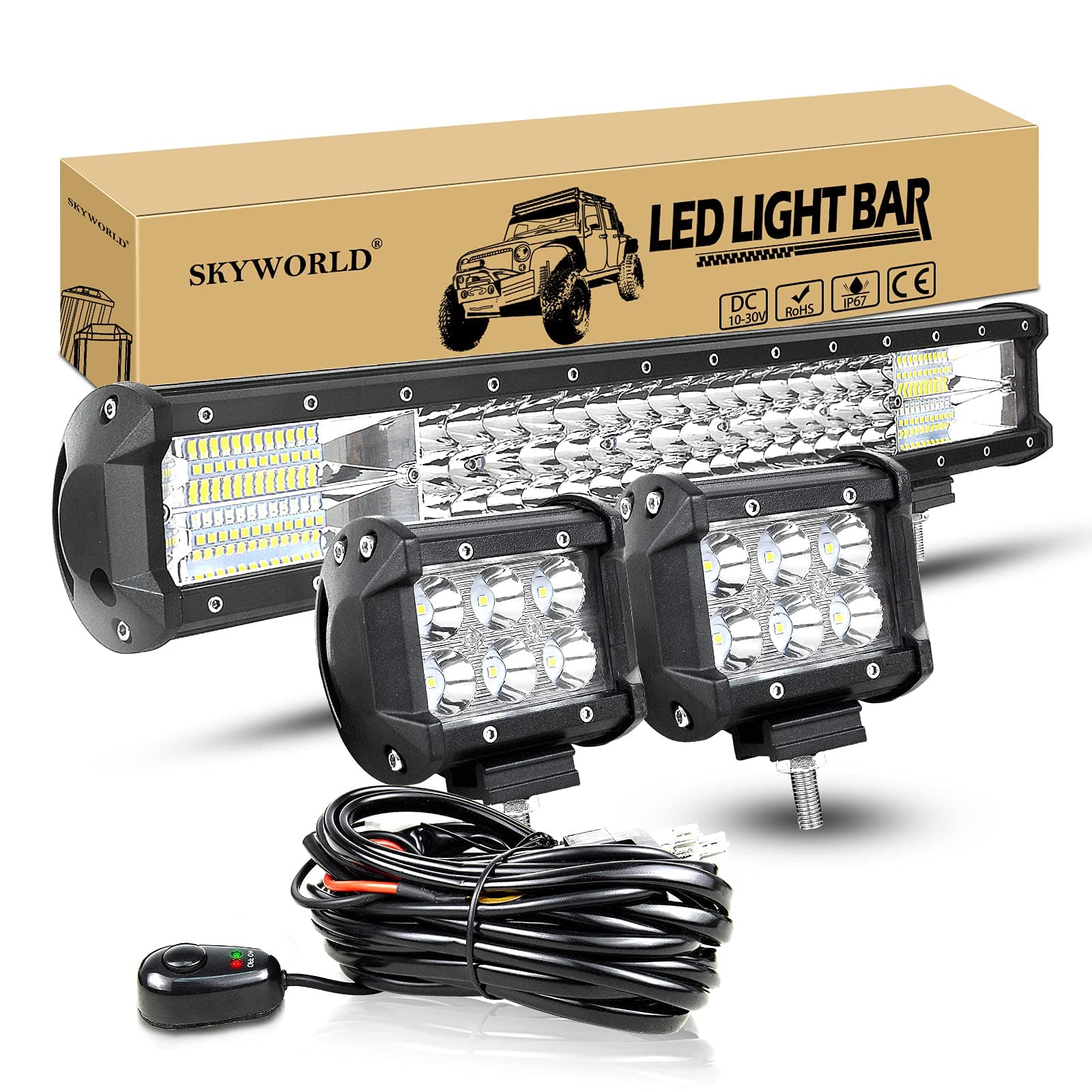 LED Arbeitsscheinwerfer Bar SKYWORLD 50cm 288W Lightbar Offroad Scheinwerfer Zusatzscheinwerfer 12V 24V + 2 x 10cm 18W LED Scheinwerfer mit Kabelbaum-Kit für 4x4 LKW Auto Traktor SUV UTV ATV 3-reihig 20" + 4" Spot + Verkabelung