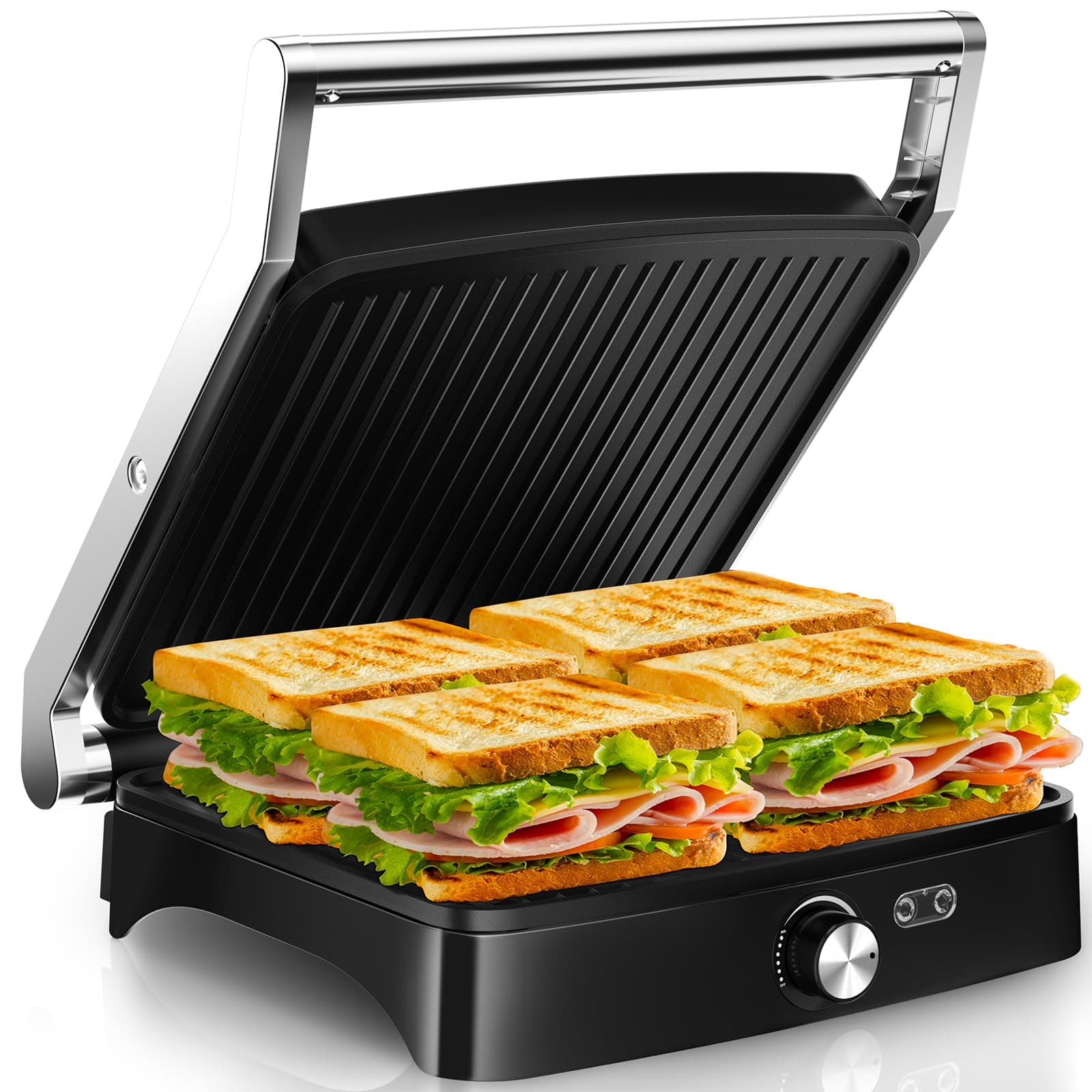 YASHE 2000W Kontaktgrill, Panini Grill mit 4 Scheiben, 180° Öffnung, Antihaftplatten, Temperatur einstellbar, Cool-Touch-Griff, Fettauffangschale – Silber/Edelstahl
