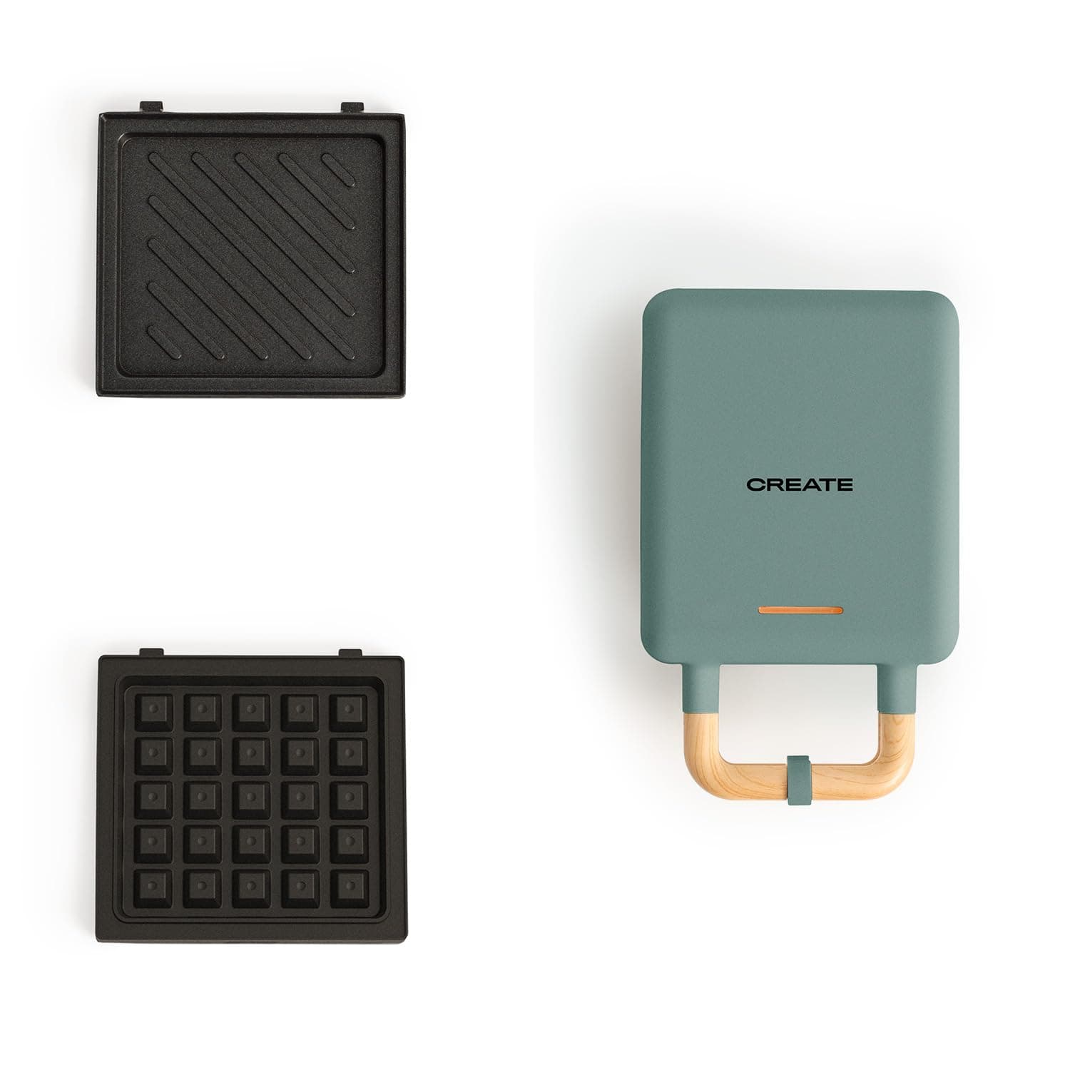 CREATE/STONE STUDIO/Sandwichmaker und Waffeleisen in Salbeigrün / 2 austauschbare Antihaftplatten, 1 Scheibe, 100º Offnung, BPA-frei, 105º Öffnung, Cool-Touch-Griff, 600W Salbeigrün Einzelner - 2 Platten