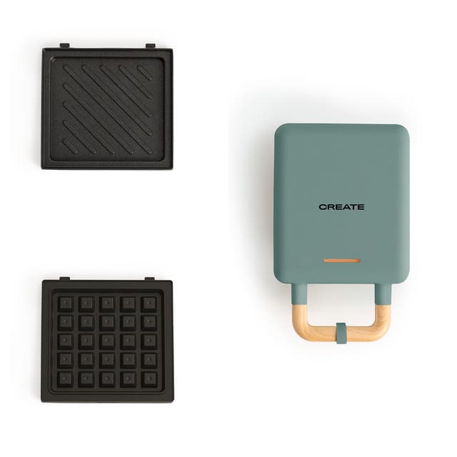 CREATE/STONE STUDIO/Sandwichmaker und Waffeleisen in Salbeigrün / 2 austauschbare Antihaftplatten, 1 Scheibe, 100º Offnung, BPA-frei, 105º Öffnung, Cool-Touch-Griff, 600W Salbeigrün Einzelner - 2 Platten