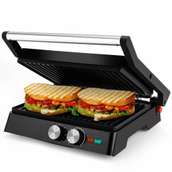 Pukomc Kontaktgrill, 1800W Contact Grill Plattengriller mit Antihaftbeschichtung, 60 Minuten Timer, 180º Öffnung，Sandwiches、 Steak und als Panini grill