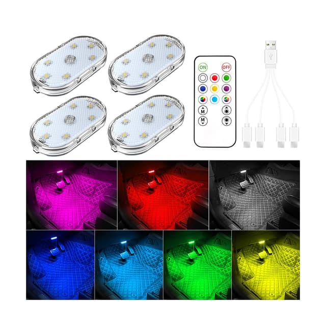4 Stück Auto Led-Leuchten mit Fernbedienung, 7 Farben Auto-LED-Innenbeleuchtung, Umgebungsbeleuchtung im Autoinnenraum, Wiederaufladbares Auto-Innenleselicht, led-leuchten fürs Auto 4 Stück 7 farbige Lichter mit Fernbedienung