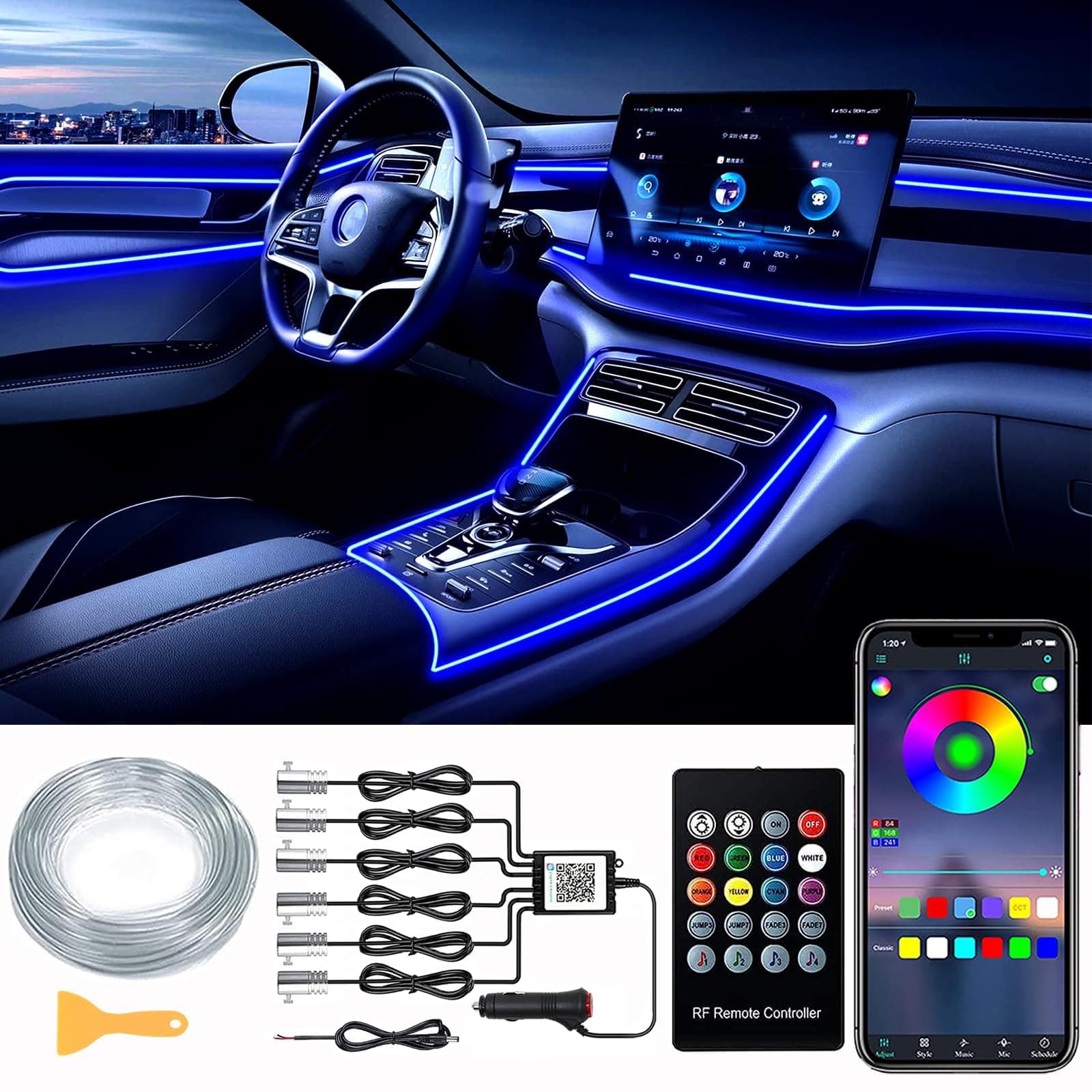 LED Innenbeleuchtung Auto, 8M/6 in 1 RGB Innenraumbeleuchtung, 12V Atmosphäre Licht, App Steuerbare Mehrfarbige Ambientebeleuchtung, LED Streifen Mit Fernbedienung Neon Farbe-6 und 1-12V