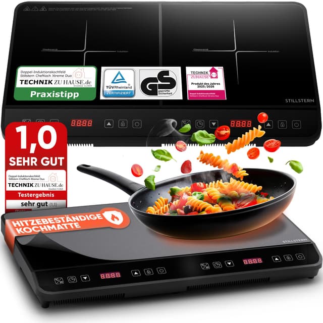 Stillstern Doppel-Induktionskochfeld | Doppel-Induktionskochplatte [3600W] mit Lautlos-Funktion & Turbo-Boost, 12-28cm, 18 Temperaturstufen & Leistungsstufen, 24h Timer, Kindersicherung, Touch Schwarz