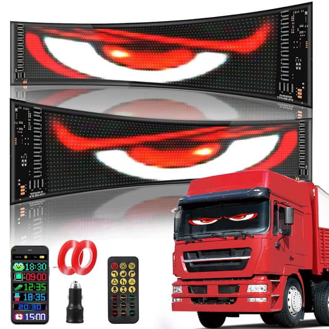 2er Led Augen für LKW Auto(12 * 59.5cm), Devil Eyes Light for Cars, Anzeige Bunter Weicher Bildschirm Programmierbare LED Laufschrift Leuchtreklame mit Smart App und Fernbedienung Bluetooth USB 5V
