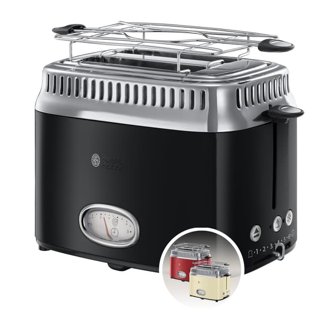 Russell Hobbs Toaster [für 2 Scheiben] Retro Edelstahl Schwarz (Countdown-Anzeige im Retrodesign, inkl. Brötchenaufsatz, 6 Bräunungsstufen + Auftau- & Aufwärmfunktion, 1300W) Vintage 21681-56 1,7l Schwarz