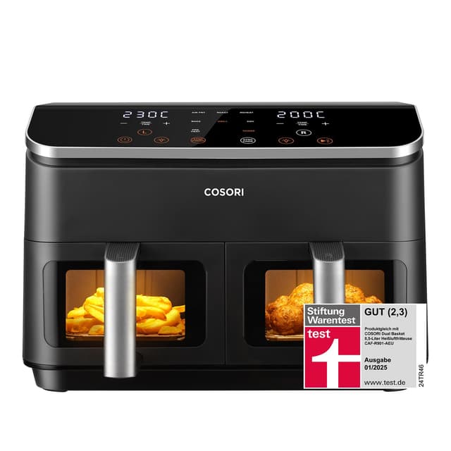 COSORI Airfryer, Testsieger der Stiftung Warentest, Heißluftfritteuse 2 Kammern, 8,5L Heissluftfritteuse mit Sichtfenster, Metall-Innenraum reduziert Kunststoffkontakt
