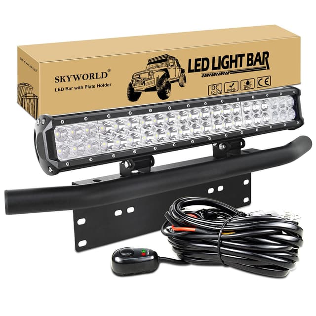 SKYWORLD LED-Lichtleiste, 20 "-Punktscheinwerfer mit 126 W, kombinierter Strahlführung und schwarzem Kennzeichenhalter Kabelbaumsatz für LKW-PKW-ATV-SUV-4x4-LKW-Boot Licht + Halterung + Kabel