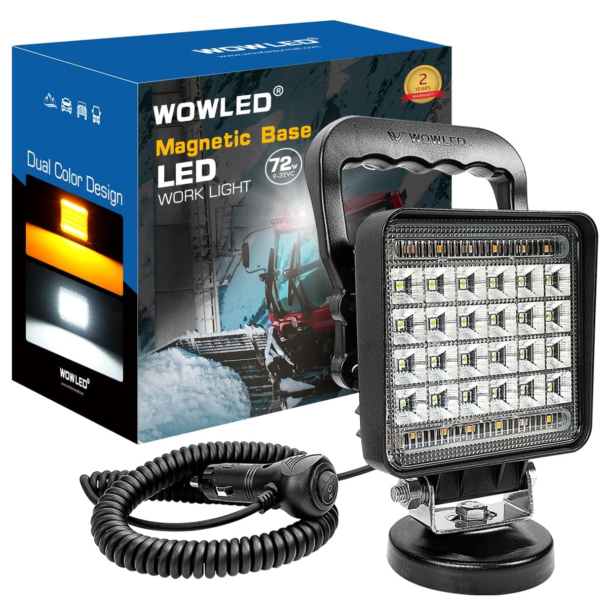 WOWLED Magnetic Light Bar, Amber & White Dual Color LED Work Light mit Magnetfuß, tragbarer Campingscheinwerfer, 72W Zigarettenanzünder, Autoscheinwerfer für LKW Traktor Anhänger Rasenmäher