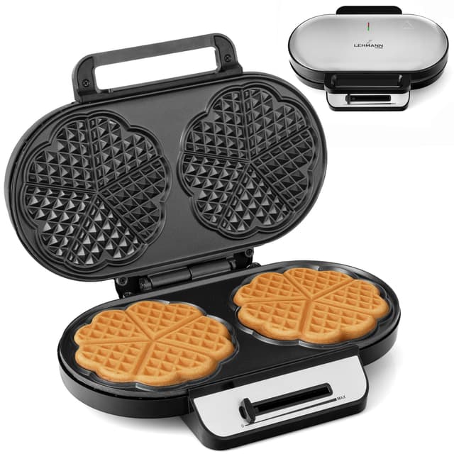 LEHMANN Doppel Waffeleisen Herzform - Herzwaffeleisen für 10 klassische Herzwaffeln - 2 Antihaftbeschichteten Backflächen - Temperaturregelung - Backampel - 1200W - Schwarz/Silber