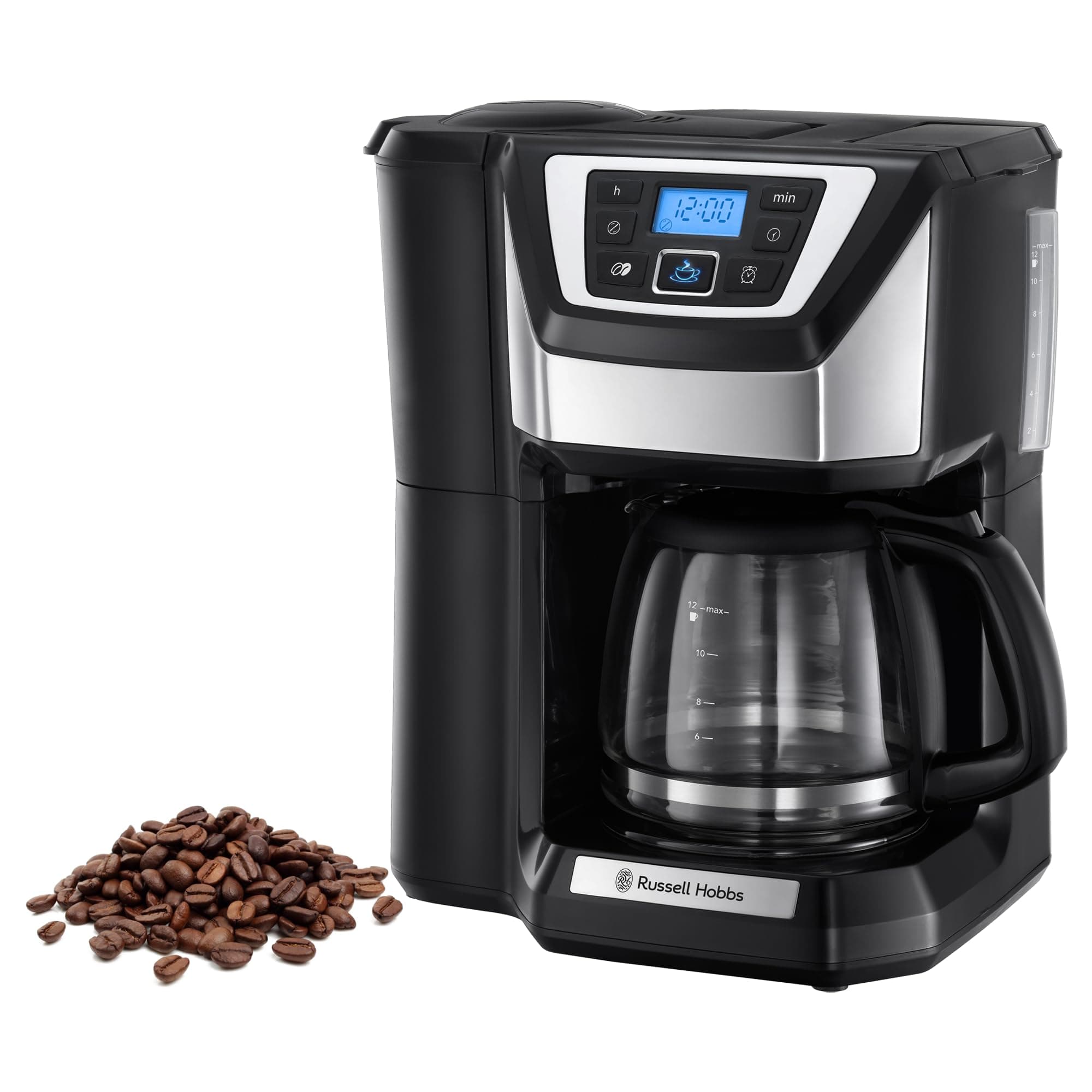Russell Hobbs Kaffeemaschine mit Mahlwerk [Digitaler Timer, Brausekopf für optimale Extraktion&Aroma] Victory (1 bis 12 Tassen, 1,5l Glaskanne, Mahlgradeinstellung) Filterkaffeemaschine 22000-56