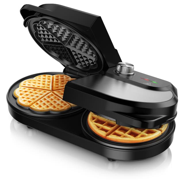 Arendo - Waffeleisen doppelt - Belgische Waffel/Herzform - zwei verschiedene Designs - 2 Zonen - Temperaturregler - Antihaftbeschichtung – 1400 W - Edelstahl - silber/schwarz - BPA frei