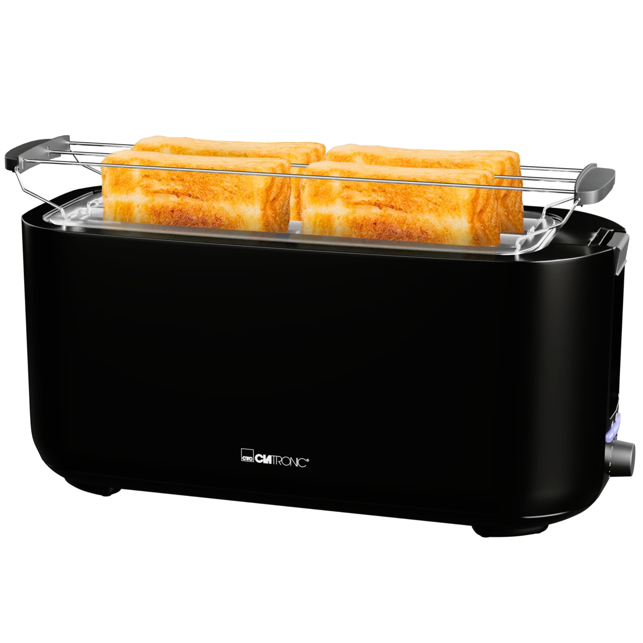 Clatronic® 4 Scheiben-Toaster | mit Brötchenaufsatz | Langschlitztoaster mit Auftau-/Aufwärm-/Schnellstoppfunktion | für Toastbrötchen & Fertigwaffeln | TA 3802 schwarz Schwarz - Modell 2024