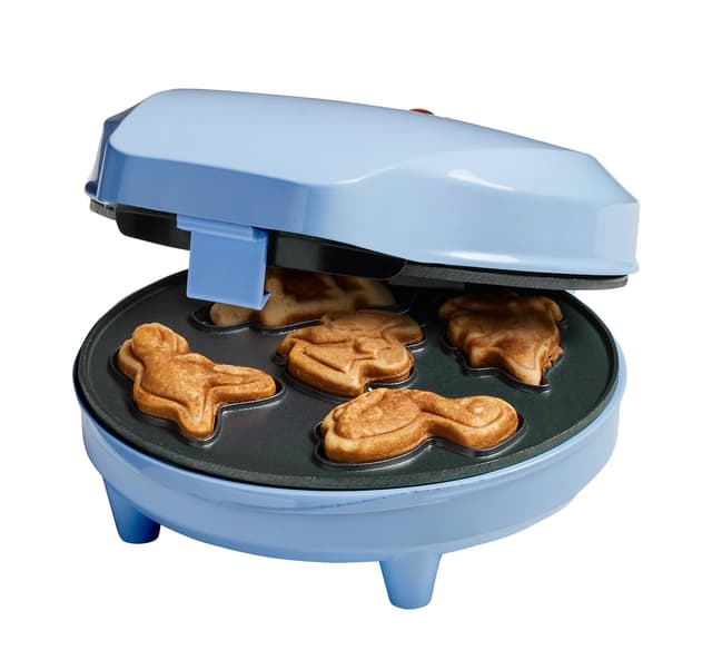 Bestron Waffeleisen für Mini-Dino-Cookie's, Mini-Cookie-Maker in Dinosaurier-Motiven, Waffeleisen für Mini-Waffel-Kekse, mit Backampel & Antihaftbeschichtung, 700 Watt, Farbe: Babyblau