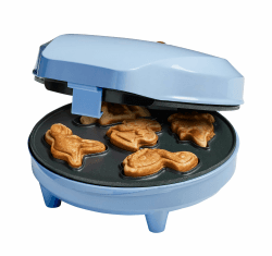 Bestron Waffeleisen für Mini-Dino-Cookie's, Mini-Cookie-Maker in Dinosaurier-Motiven, Waffeleisen für Mini-Waffel-Kekse, mit Backampel & Antihaftbeschichtung, 700 Watt, Farbe: Babyblau