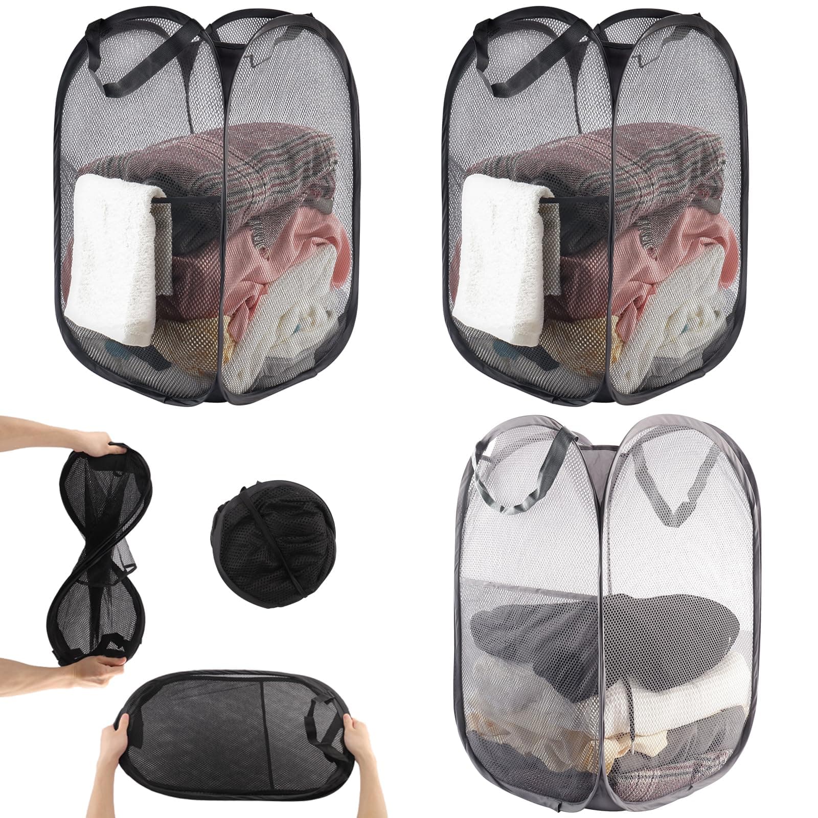 Foydream Faltbarer Wäschekorb, 3 Stück Pop Up Wäschekorb mit henkel Collapsible Laundry Basket für Badezimmer Camping College Dorm Und Reisen Wäsche Schwarz 36 * 36 * 58 Cm