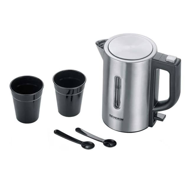 SEVERIN Reise-Wasserkocher-Set, Mini-Reisewasserkocher für 0,5 L, elektrischer Wasserkocher mit 2 Kunststofftassen & 2 Löffeln, Edelstahl-gebürstet/schwarz, WK 3647 Edelstahl Gebürstet