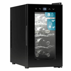 Cecotec Weinregal 8 Flaschen Bolero Grandsommelier 830 Coolcrystal, Thermoelektrische Kühlung, Temperatur einstellbar zwischen 8-18 °C, Touch-Steuerung und Display, LED innen, nicht schädliches Gas. 8 Flaschen Schwarz