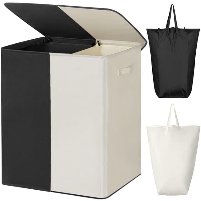 WOWLIVE 154L Doppelter Wäschekorb mit Deckel Großer zusammenklappbarer 2 Teiler Wäschekorb mit Griffen für Schlafzimmer Wäschezimmer Schrank Schwarz+Beige 154L Schwarz+beige