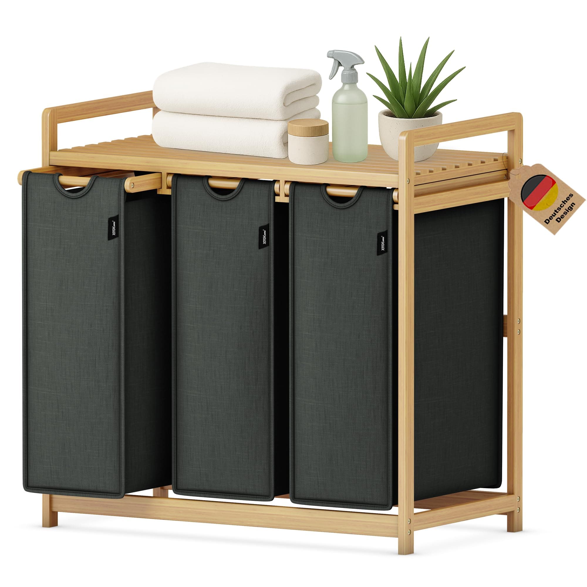 XMHome wäschekorb 3 fächer 148L großer quadratischer Wäschesammler aus Bambus Wäschebox optisch ansprechender Wäschesortierer in 77.5X41.3X77.5 CM Dunkelgrau Dunkelgrau0617