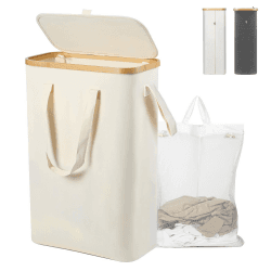 Yamagahome Wäschekorb Schmal mit Deckel, 52L Wäschesammler Schmal mit Wäschesack, Faltbarer Wäschekorb aus Bambus mit Tragegriff für Apartment, Wohnheim und Wohnwagen, Beige