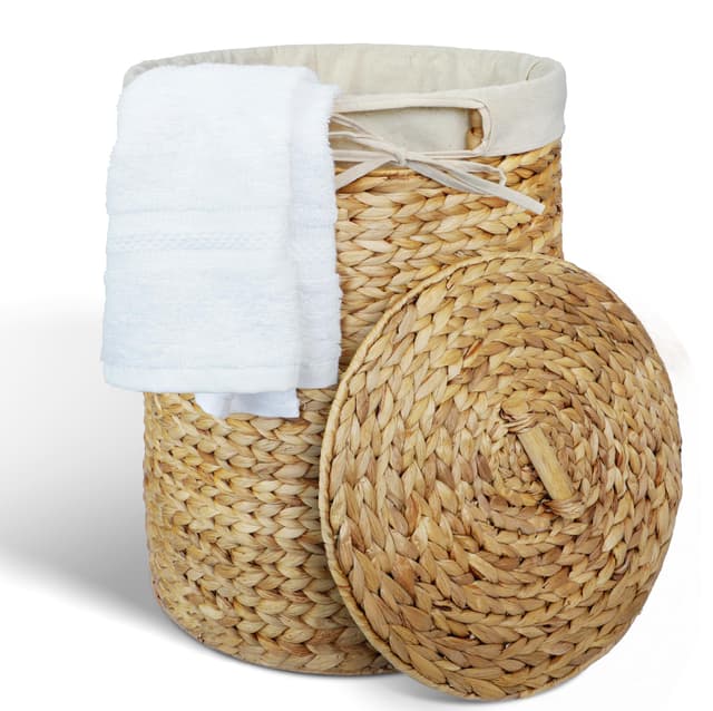 Casa Mina® Wäschesammler mit Deckel D30 x H45cm hoch I Atmungsaktiver Wäschekorb geflochten aus 100% Naturfaser I Robuster Wäschesammler mit Griffen & waschbarem Innensack I Wäschekörbe - Manila Nature 30 x 45cm | 20 Lit.