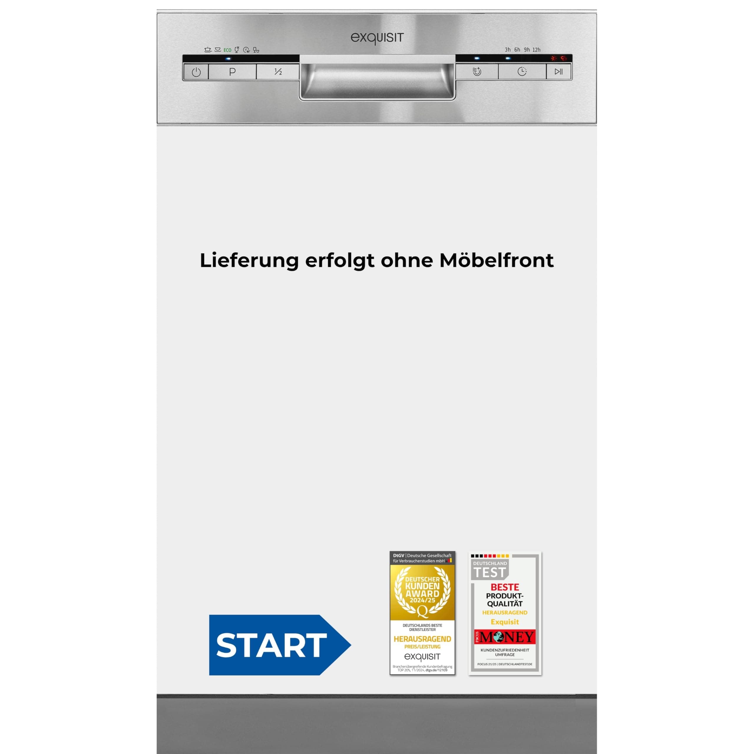 Exquisit START Einbaugeschirrspüler 45 cm, Teilintegriert, 9 Maßgedecke, 9 Liter, Startzeitvorwahl, ECO-Modus, EGSP51009-EB-030E inox