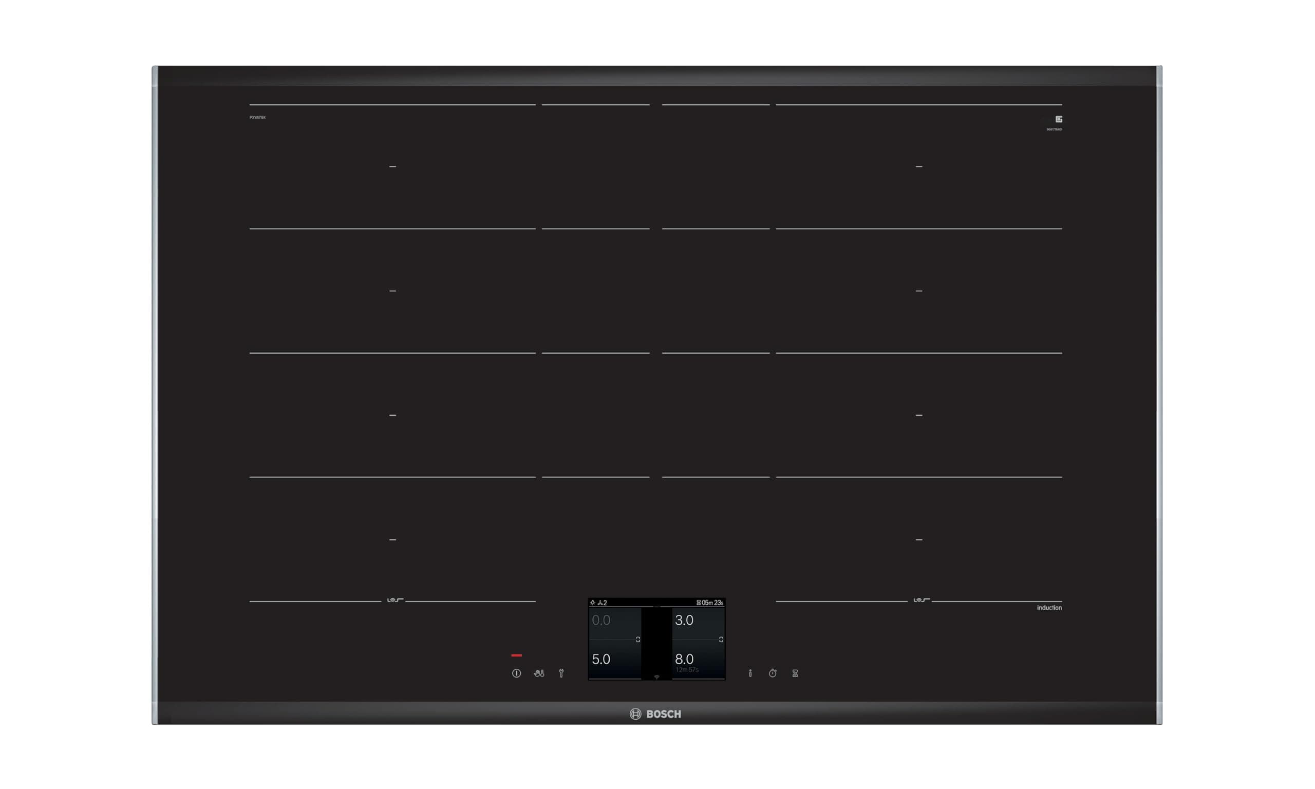Bosch PXY875KW1E Serie 8 Smartes Induktionskochfeld (autark), 80 cm breit, FlexInduction freie Platzwahl, MoveMode voreingestellte Leistungsstufen, PerfectFry Bratsensor, PowerBoost schnelleres Kochen Serie 8 80 cm Designrahmen Erweiterte Flex Induction +
