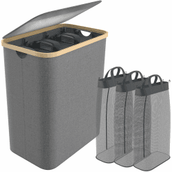 SUBTLETY 140L Wäschekorb aus Oxford-Gewebe 3 Fächer Abnehmbar Wäschesammler mit Bambusrahmen Faltbare Wäschesack Wäscheboxen mit Griff & Deckel Wäschesortierer Wäschetonne für Waschküche (Grau) Angebot bei HelloDeals