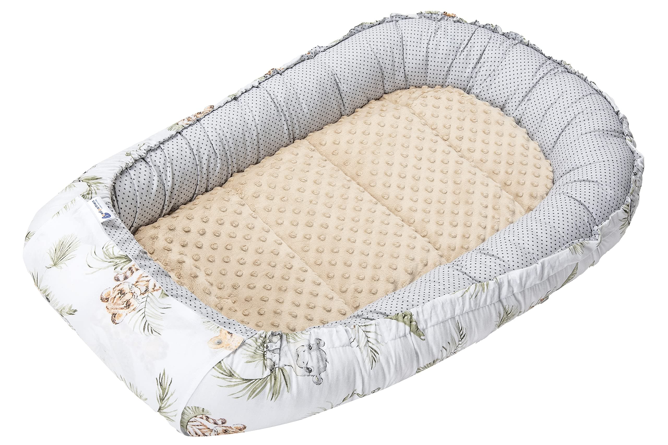 Medi Partners Babynest Nestchen für Neugeborene - 100x60x15 Babynestchen Baby zweiseitg Nest Bett 100% Baumwolle Minky Kuschelnest tragbar (Safari mit beige Minky) Babynest mit herausnehmbarem Einsatz Safari mit Minky Beige