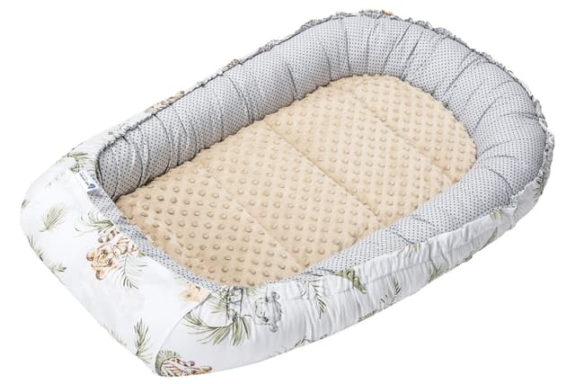 Medi Partners Babynest Nestchen für Neugeborene - 100x60x15 Babynestchen Baby zweiseitg Nest Bett 100% Baumwolle Minky Kuschelnest tragbar (Safari mit beige Minky) Babynest mit herausnehmbarem Einsatz Safari mit Minky Beige