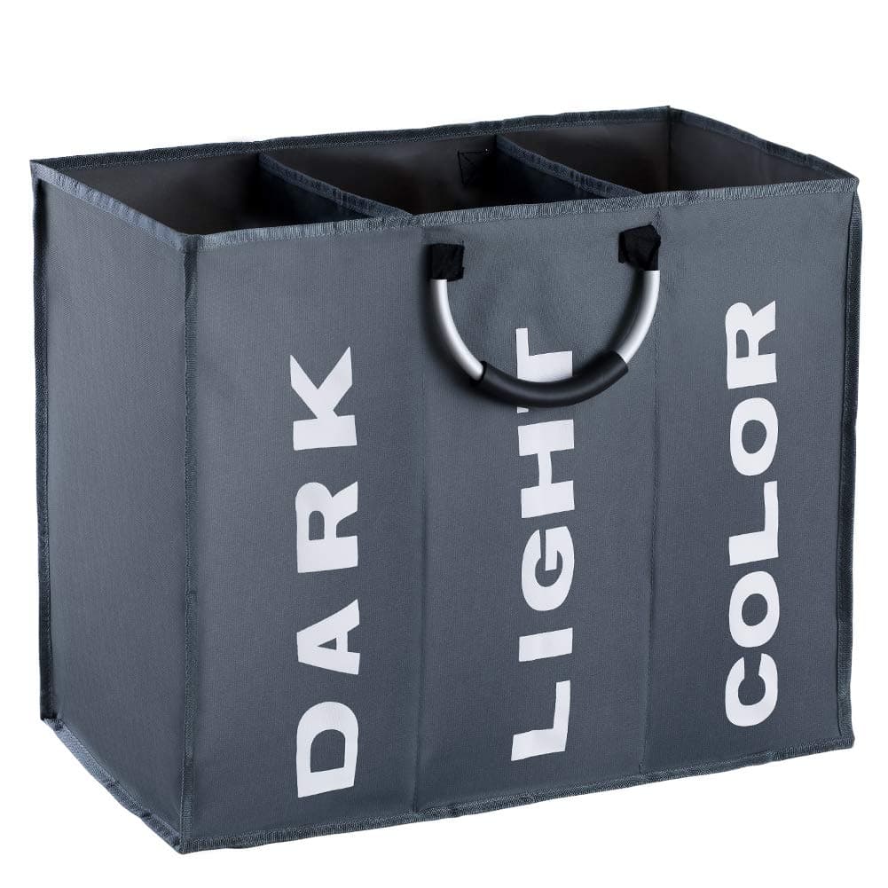 IHOMAGIC Wäschesortierer 3 Fächer, Faltbarer Wäschekorb Sortierer, Hell Dunkel Wäschesammler, 3 Fach Braun Kinderzimmer Kinder Wäschebox, Wäschesack Wäschetasche Groß, 90L, 60x32x49cm, Dunkelgrau X-90L 3 Fächer Dunkelgrau