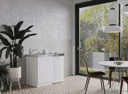 Respekta Levin Miniküche aus Holzwerkstoff / kleine Küchenzeile mit Kühlschrank, Kochfeld und Spüle / 60T x 100B x 87H cm / Weiß Angebot bei HelloDeals
