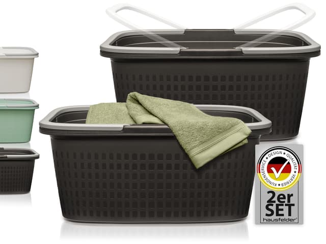Hausfelder Wäschewanne mit Henkel 58x37x25cm, Wäschekorb groß 2er Set, Wäschekörbe stabil mit Griff aus Kunststoff 35l (Anthrazit-Schwarz, 2 Wannen) 2 Wannen Anthrazit-schwarz