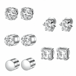 Magnetohrringe, Magnet Ohrringe Damen, Intarsien Nicht Durchbohrend, Kein Piercing Magnetische Ohrringe für Herren Mann Damen Silber, Rund/Quadratisch
