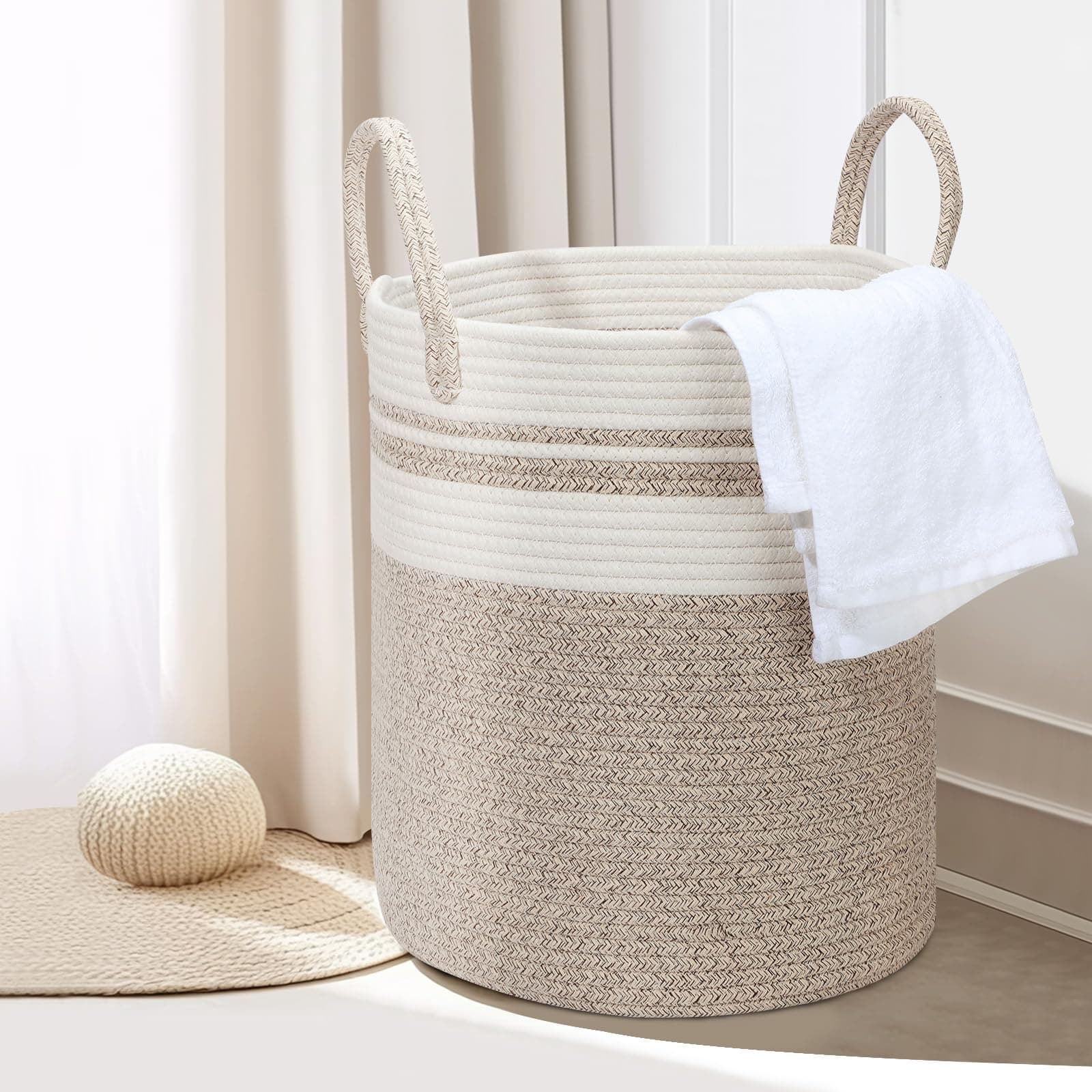 HDRNT Wäschekorb Geflochten aus Baumwolle，45L Wäschesammler mit Henkel,Geflochtener Wäschesortierer, Laundry Basket Aufbewahrungskorb für Wäschekammer Kinderzimmer Bad (35cm*40cm) (beige+weiß) Angebot bei HelloDeals