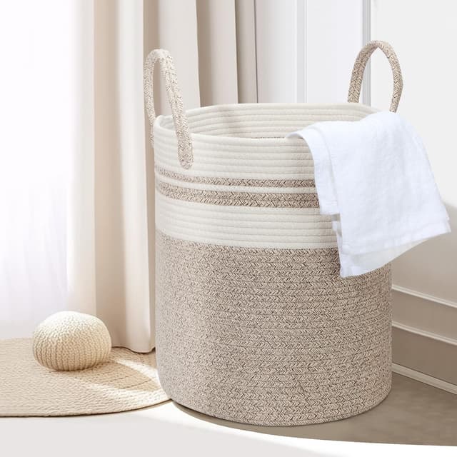 HDRNT Wäschekorb Geflochten aus Baumwolle，45L Wäschesammler mit Henkel,Geflochtener Wäschesortierer, Laundry Basket Aufbewahrungskorb für Wäschekammer Kinderzimmer Bad (35cm*40cm) (beige+weiß)