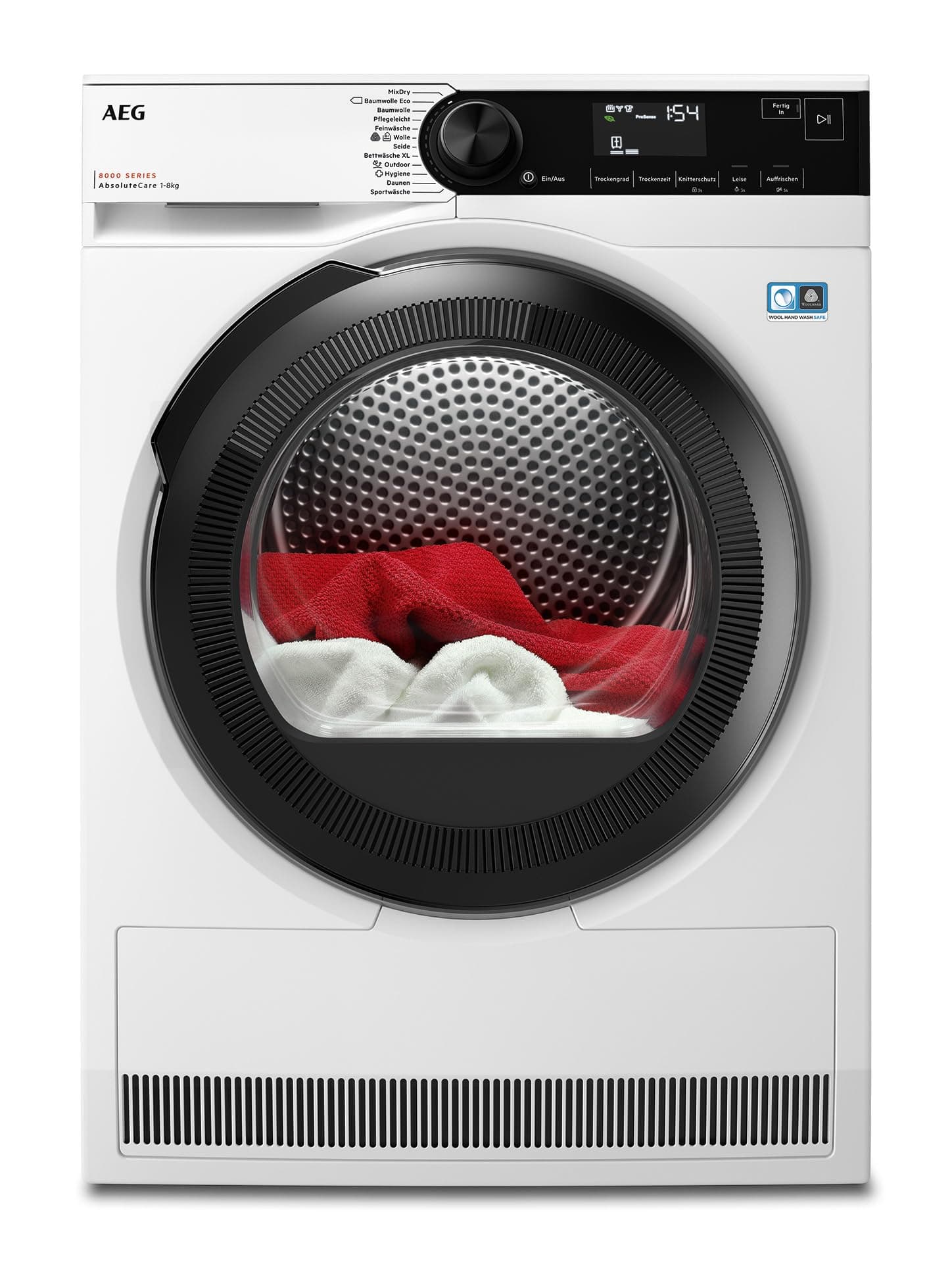 AEG Wärmepumpentrockner 8 kg, Testsieger der Stiftung Warentest, Serie 8000 AbsoluteCare - Wolle- und Seidetrocknung, C, Energiesparend, Trommelbeleuchtung, Knitterschutz, Schontrommel, TR8AMZ68 Serie 8000 EEKL C | 8kg