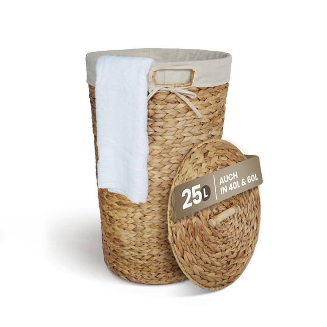 Casa Mina® Wäschekorb mit Deckel | Atmungsaktiver Wäschekorb geflochten aus 100% Naturfaser I Robuster Wäschesammler mit Griffen & waschbarem Innensack I Wäschekörbe (Natur, 30 x 45cm) Natur 30 x 45cm | 25 Lit.
